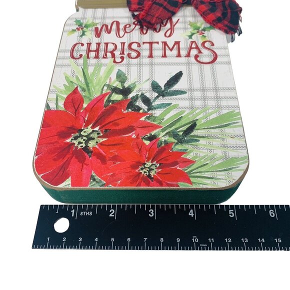 Merry Christmas Mason Jar Wood Sign Rustic Farmhouse Plaid Bow Holiday Decor - Picture 9 of 10